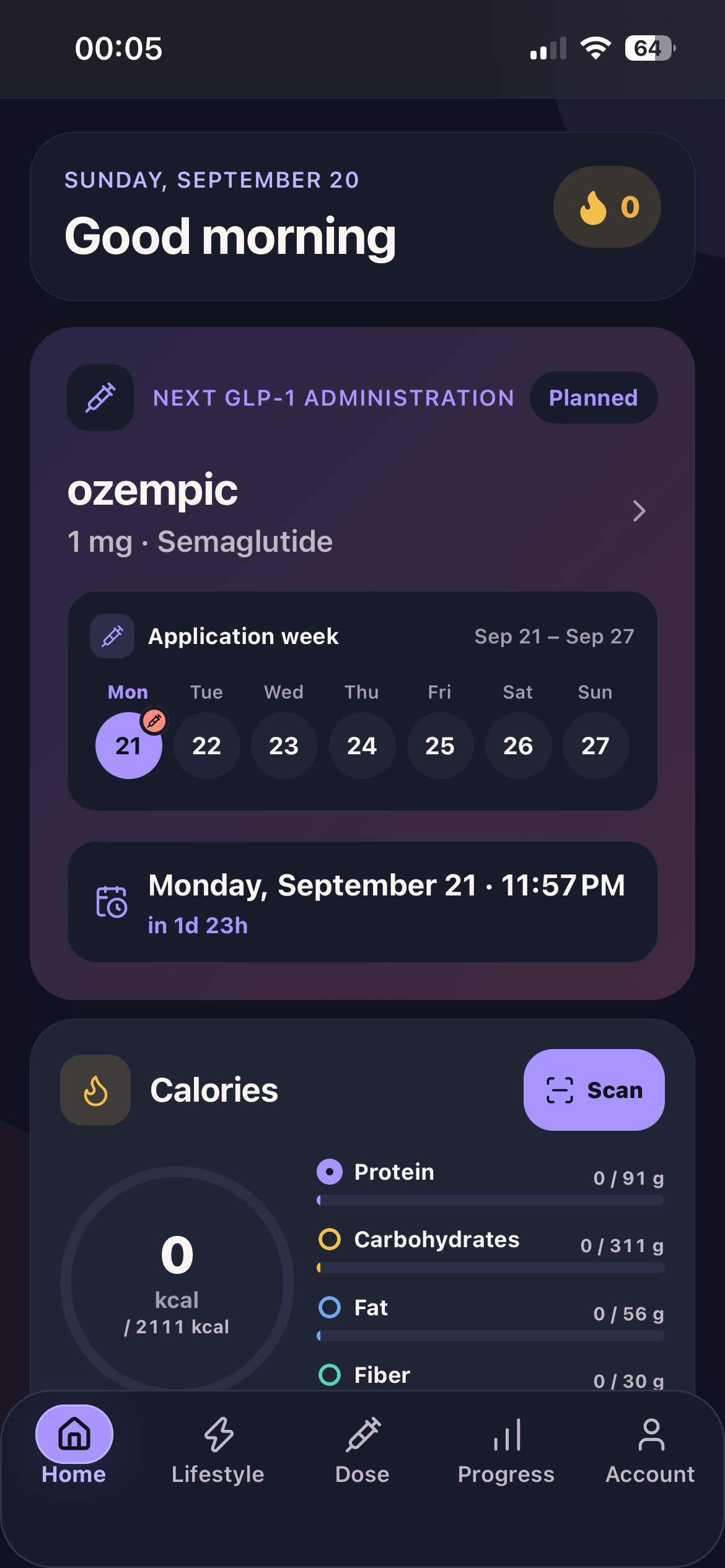My Peptides home screen showing a dose plan and daily nutrition