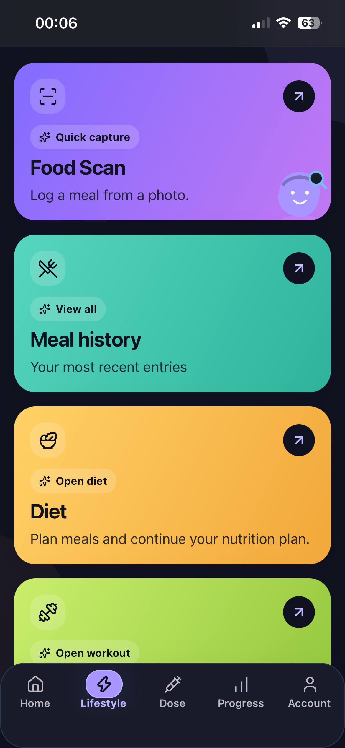 My Peptides lifestyle screen with meal and activity tools
