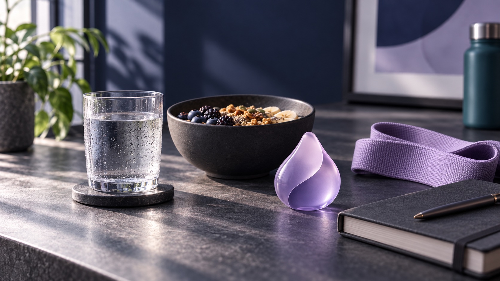 Water, a nourishing breakfast, an exercise band, and a journal arranged for a calm daily routine